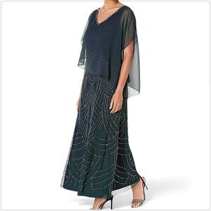 JKara J Kara Grey Multi Caplet V-Neck Mock 2 Piece Beaded Gown Dress NWT New 14